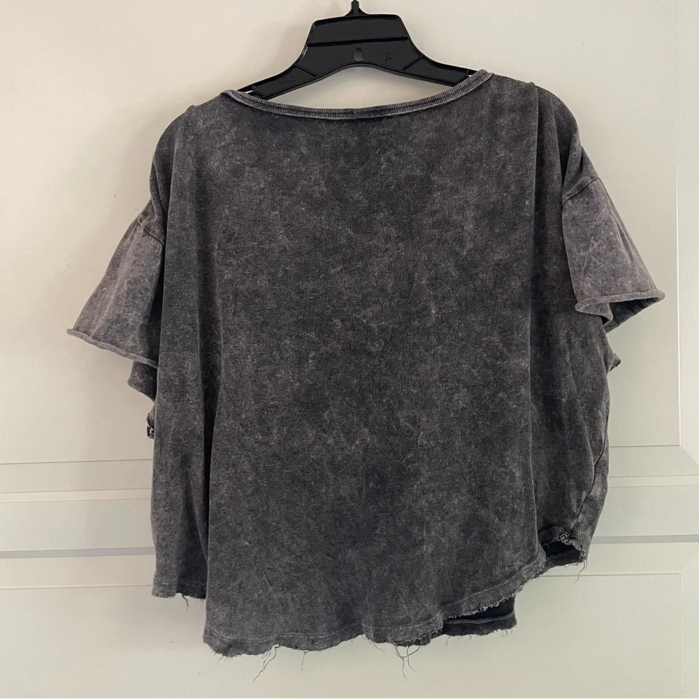 Free People Girl Talk Ruffle Top Linen Blend Dark Gray Size XS 26510